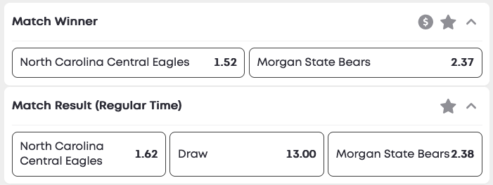 Screenshot of Match Winner and Match Result Regular Time markets on Vbet